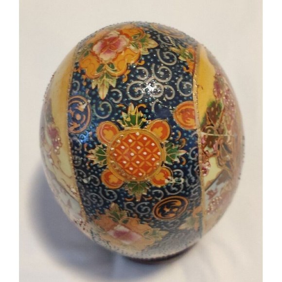 Vintage Chinese Ceramic Eggs Large 5x3" Festive Hand Painted W/ Wooden Pedestal - Picture 5 of 16